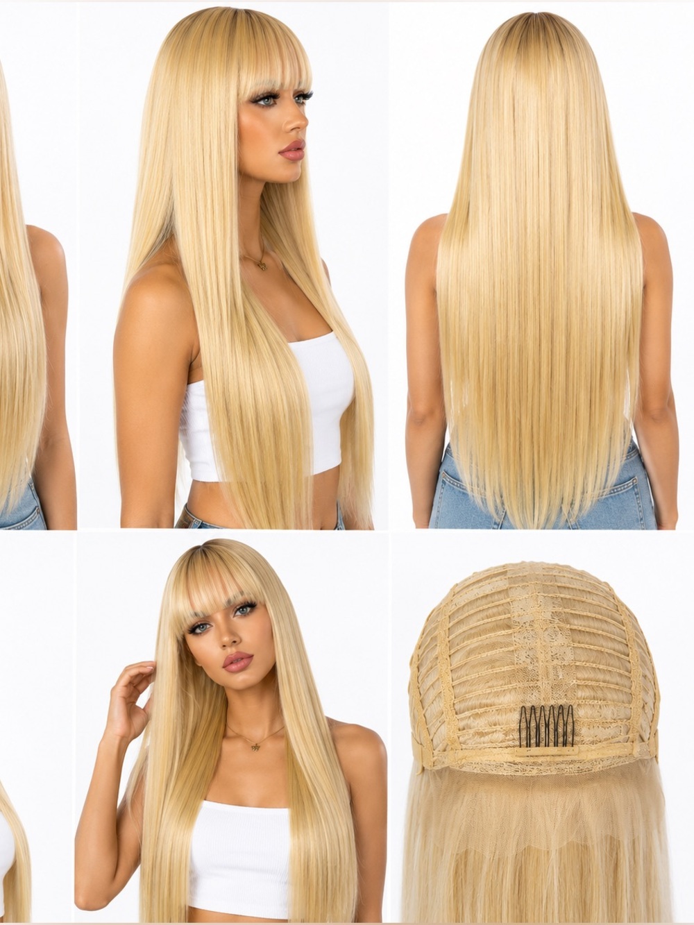 Blonde Long Straight Wig with Blunt Bangs 26 inches long - Sleek Honey Blonde